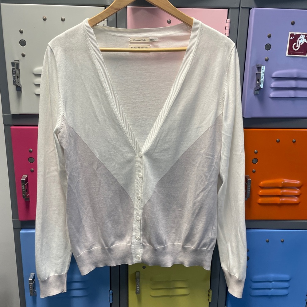 Massimo Dutti White V-Neck Button Front Cardigan, L